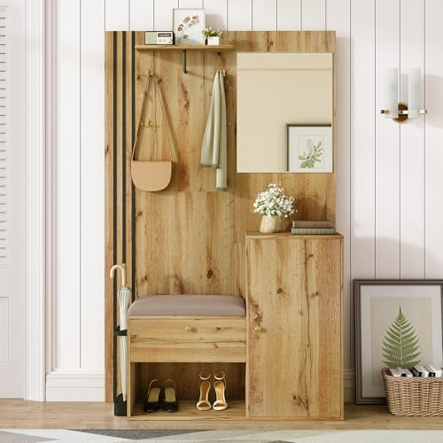 MSMOK Set di mobili per guardaroba, guardaroba per ingresso e disimpegno, scarpiera, guardaroba compatta, guardaroba per ingresso con specchio e cuscini, con cornice nera e portaombrelli, mobile