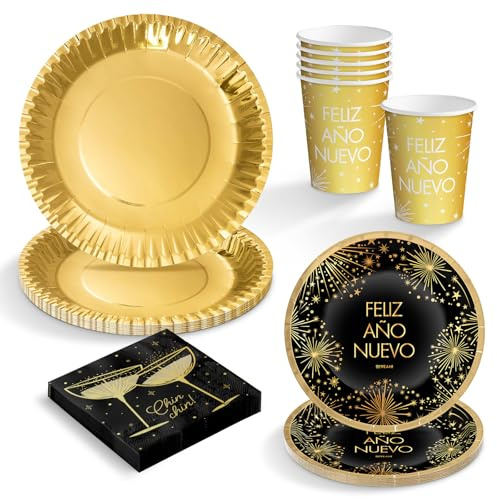 OH YEAH - Kit Vajilla Desechable 6 Personas Nochevieja - 54 Piezas - Negro y Oro - Platos, Vasos y Servilletas Fin de Año - Decoración Mesa Festivas Happy New Year - Detalles Dorados Metalizados