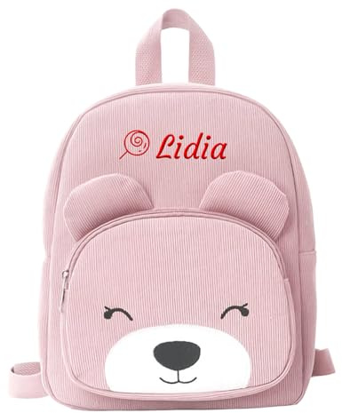 Generisch Rosa Personalisierter Kinderrucksack aus Kordstoff 24cm x31cm | Mit Gesticktem Namen, Weicher Kordstoff, Kindergarten Rucksack, Niedlicher Rucksack für Mädchen&Jungen; Schule & Reise