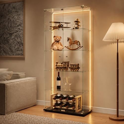 Glasvitrine Standvitrine,Glasvitrine Stehend mit Led,5 Lagen Glas Holz Glas Vitrine Vitrinenschrank 2 TüR und Schloss Vitrine Glasschrank Display Cabinet Sammlervitrine (Schwarz, 5 Etagen 2 Tür+LED-2)