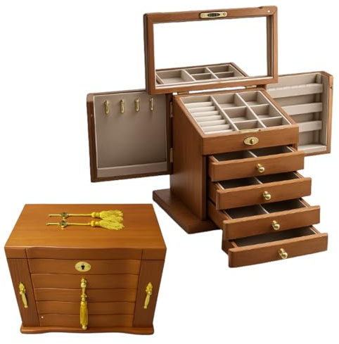 Premium Solid Wood Jewelry Box with Drawers and Mirror– Luxury Organizer for Rings, Necklaces, Earrings & Bracelets – Velvet-Lined Compartments, Side Doors, Lock & Key – Elegant Gift for Women