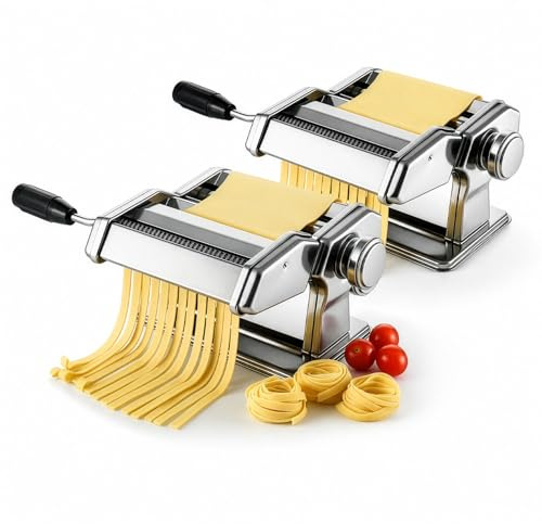 Pasta Roller and Cutter Machine Dual Width Noodle Maker for Pasta, Spaghetti, Fettuccine, Lasagna 2 in 1 Heavy Duty Stainless Steel with Cleaning Kit (2)