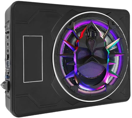 RiToEasysports Car Subwoofer 10 Inch 800W Super Slim Active Powered Under Subwoofer with LED Lights for Trucks SUVs, Aluminum Alloy Built-in Amplifier Remote Control Enhanced Bass Response