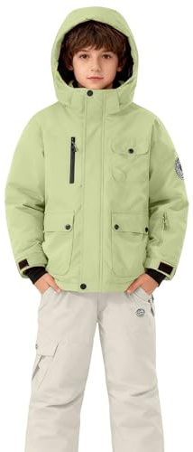Snowsuit - Set di 2 tute da sci per bambini, con piumino con cappuccio e pantaloni con bavaglino da neve, giacca e salopette, impermeabile, antivento, con salopette e pantaloni, giallo chiaro, 7-8