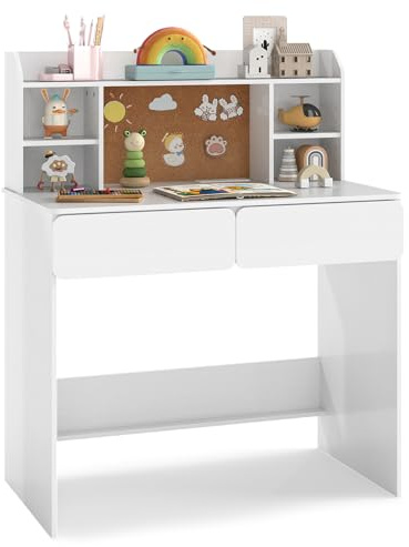 COSTWAY Kids Desk, Wooden Children Study Table with 2 Drawers, Charging Station, Cork Board, Storage Shelves, School Students Workstation for Studying, Reading Drawing (White)