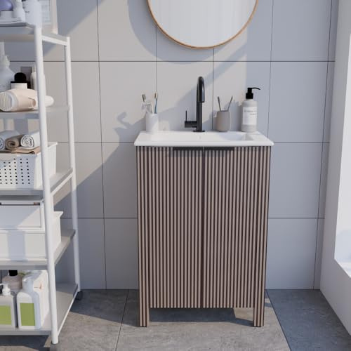 LEGACYKYL 30 Inch Modern Bathroom Vanity Combo with White Resin Basin - 2 Door Floor Stand Cabinet in Brown, Ceramic & Melamine Construction