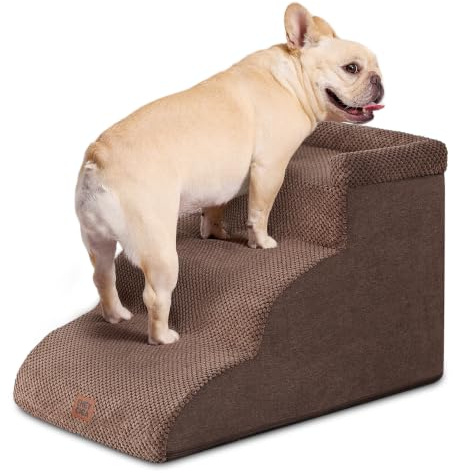 EHEYCIGA Escalera Perros 3 Peldaños, Rampa Perro Cama y Sofá, Marrón | Espuma Alta Densidad, Base Antideslizante, Funda Lavable, 40x60x35.5 cm, para Perros Pequeños y Grandes, Mascotas Mayores