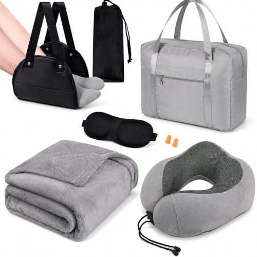 Nackenkissen & Fußstütze Reisedecke für Flugzeug - Memory Foam Reisekissen | Verstellbare Fußhängematte, Reise Zubehör mit Decke 3D-Schlafmaske Ohrstöpsel und Aufbewahrungstasche für Auto Flug, Grau