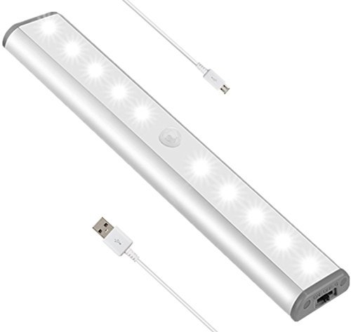 Stick-on Anywhere Portable Little Light Wireless LED Under Cabinet Lights 10-LED Motion Sensor Activated Night Light Build In Rechargeable Battery Magnetic Tape Lights for Closet,Cupboard (Silver1)