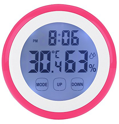 LAFEINA Digital Thermometer Hygrometer Clock, Temperature Humidity Monitor Alarm Clock Touch Screen with Backlight Magnetic Back for Home Office Baby Room (Hot Pink)