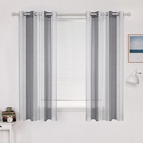 MIULEE Gardinen Gestreift Transparent mit Ösen, Voile Vorhänge Wohnzimmer Modern Kurz 2er Set, Vorhang Kleines Fenster Transparent mit Grau Weiß Streifen Muster, Gardinen Kurz Halbtransparent 140X160