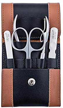 Alpen Maniküre-Set, 5-tlg, rostfrei, Hautschere, Nagelzange, Pinzette, Nagelschieber, Nagelfeile, schwarz-braunes Etui