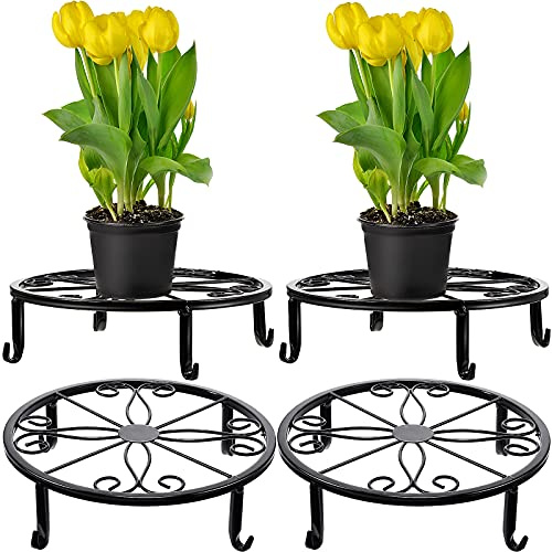 Hotop 4 soportes de metal para plantas en maceta, soporte redondo de hierro para flores, soporte decorativo para macetas de jardín, soporte para el hogar, jardín, patio, soporte de plantación (negro)