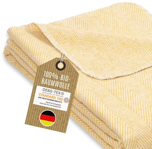 RIEMA® weiche Bio-Baumwolldecke – Bio Kuscheldecke (KBA) für Sofa oder Bett in gelb mit Oeko-TEX Zertifikat – kuschelige Decke Baumwolle Made in Germany – 140x200 cm