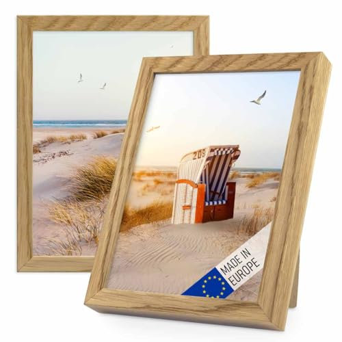 PHOTOLINI Bilderrahmen Holz 15x20 Eiche, Holzbilderrahmen Made in EU, 2er Set, bruchsicheres Acrylglas, zum Aufhängen & Aufstellen, extra Zubehör - für Ihre liebsten Fotos & Bilder