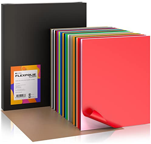 SA ROCA® Plotterfolie Textil I Starter-Set mit E-Book & 120 Designvorlagen I 25x Flexfolie Plotter Textil in 19 Farben inkl. Teflon zum Aufbügeln I Bügelfolie für Textilien I Textilfolie Plotter Stoff