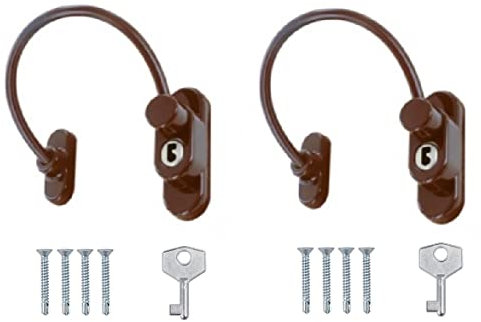 TERF® Heavy Duty Brown Cable Locking Window Restrictor Child Proof Window Security Restriction Key Lock with 1 Key and Fixing Screws For Wood Aluminium UPVC Vinyl Frames - Pack of 2
