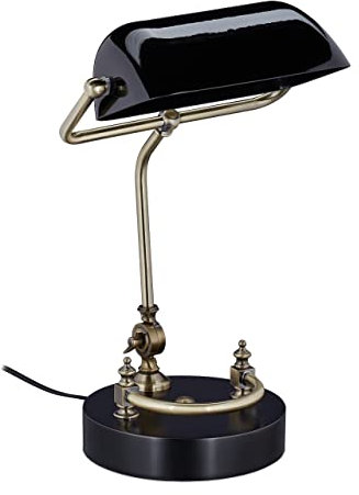 Relaxdays Lampada da Tavolo Vintage, Paralume Inclinabile in Vetro, Base in Legno, E27, da Scrivania Biblioteca, Nero