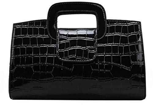 Donne Pelle di Coccodrillo Sera Frizione Borsa Lucida In Metallo Verniciato Maniglia Borse Elegance Borsa A Tracolla, 5843 + nero