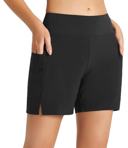 baleaf Damen Badeshorts Bauchkontrolle Schwimmshorts Schnell Trocknend Hohe Taille Boardshorts Schwimmunterteil UPF50+ mit Taschen Schwarz L
