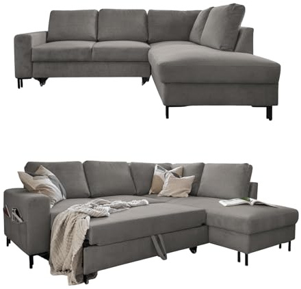 MIUFORM Lofty Lilly, 6er Ecksofa mit Schlaffunktion, Rechts, Hellgrau | Kord Sofa mit Schlaffunktion, Schlafsofa mit Bettkasten, Ecksofa L-Form, 237x197x84cm, Couch mit Schlaffunktion, Sofa Bed