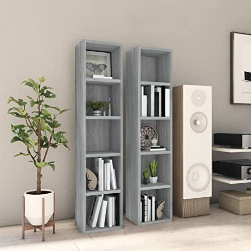 Chusui CD-Regale 2 STK CD Aufbewahrung, Medienregal, DVD-Regal, Album Für CDs, DVD Fächer, CD Ständer, Grau Sonoma 21x16x93,5 cm Holzwerkstoff