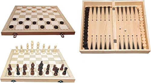 3 in 1 Spielset Schach, Dame und Backgammon (43 x 43 cm), Spielbrett mit Spielfiguren, Chess, Checkers, Draughts, Nardy, Nardi, Schachbrett, Schachspiel aus Holz