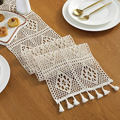 EXQUILEG Weiße Spitze Tischdecke – Vintage Spitze Weiß Stoff Tischband, Fransen Tischläufer für Deko Hochzeit Tisch Makramee Stickerei Blumen (A,24 * 140cm)
