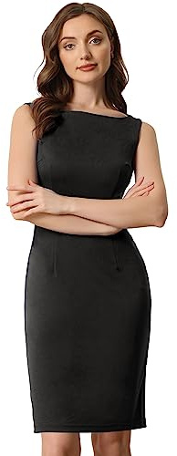 Allegra K Robe Fourreau Femme sans Manches Robes Business de Bureau Décontractées à Col Bateau Robe Midi Moulante Cocktail Noir S