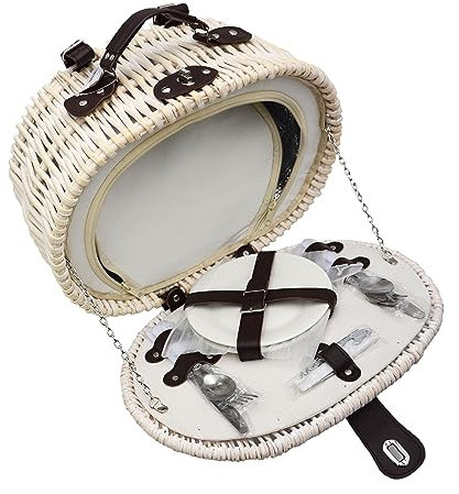 UNUS Fahrradkorb/Picknickkorb oval weiß Kühlfunktion mit passenden Besteck Porzellan 2 Personen