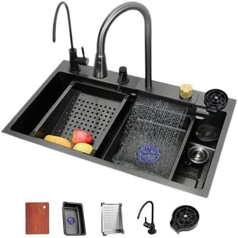 Spüle Home Küchenspülen Schwarze Küchenspüle, Wasserfall-Küchenspüle aus Edelstahl, Barspüle, Einzelbecken, Drop-in-Küchenspüle, Unterbau-Design,