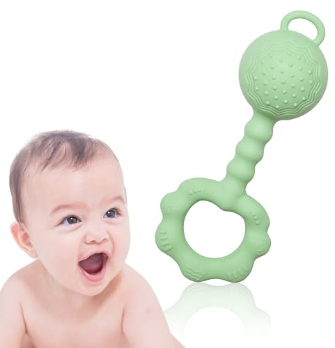 Farout Baby Spielzeug Montessori Rassel 0-6 Monate Greifling und Beißring aus BPA-frei Silikon als Zahnungshilfe, Sensorik Spielzeug, Geschenk für Junge und Mädchen, Grün