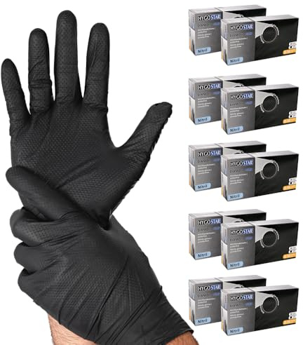 FRANZ MENSCH HygoStar Nitrilhandschuhe Diamond Grip | puderfrei, schwarz, Größe 10/XL, 24cm, Karton, 500 Stück, Grip Diamanttextur, extra stark/dick, latexfrei