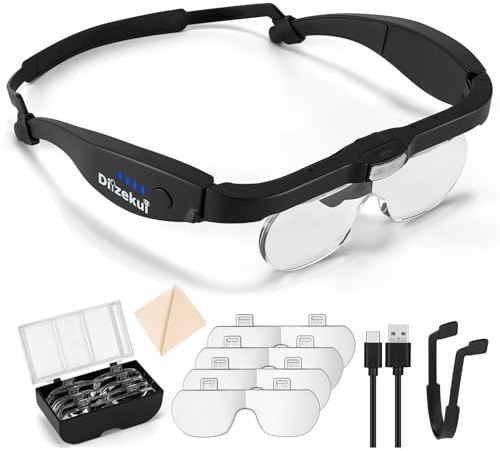 Dilzekui Magnifying Glass with Light 1.5X to 5.0X, Rechargeable Magnifying Glasses Head Magnifier, Lighted Magnify Glass with 4 Detachable Lenses, Magnifier Headset for Close Work Hobbies Jewelry