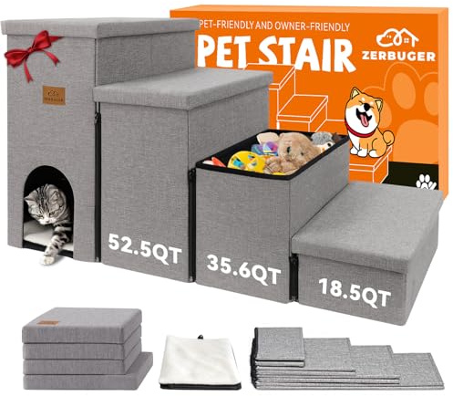 Zerbuger Hundetreppe, 58,4 cm hoch, 4-stufige breitere Hundetreppe für hohe Betten, Fenster, zusammenklappbare Aufbewahrung, Haustiertreppe, Geschenk für kleine/mittelgroße/große alte Hunde und Katzen