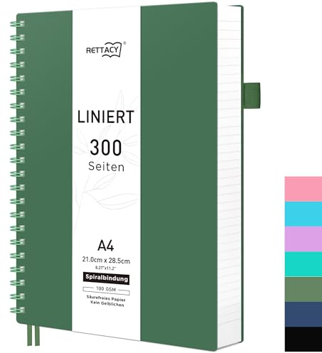 RETTACY A4-anteckningsblock, anteckningsbok, spiralbunden, 300 ark/150 sidor att skriva på, collegelinjerat papper på 100 g/m², inbunden med PVC-pärm, 21,5 x 27,9 cm, mörkgrön