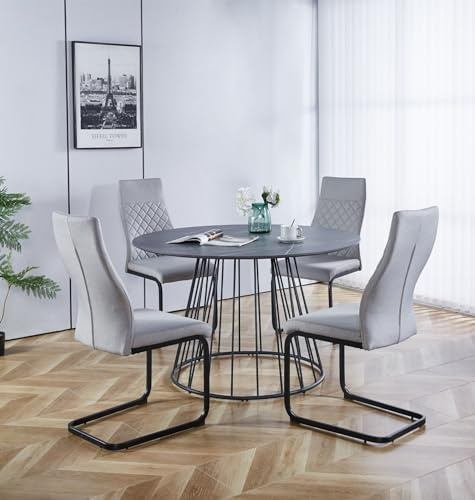 Hallowood Furniture Cullompton Large 120cm Dining Table and Chairs Set 4 | Round Dining Table 120cm in Grey Marble Effect Top and High Backrest Grey Fabric Chairs, Modern Dining for Home and Café