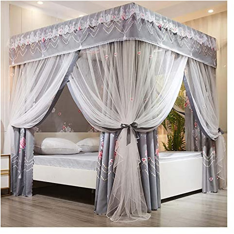 Prinzessin Betthimmel Schlafzimmer 4 Eckpfosten Baldachin Vorhänge Doppeltes verschlüsseltes Netz Verdunkelungsvorhänge für Kingsize-Bett Dreitüriger Bettvorhang (Grau 150 cm * 200 cm * 200 cm)