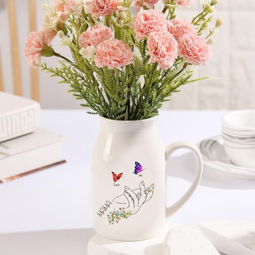 Jeweidea Personalisierte Keramikvase mit Gravur Namen Foto Geschenk für Mama, Geschenk für Oma, Muttertagsgeschenke für Mama, Weiße Blumenvase Esstisch Wohnzimmer Dekoration (Schmetterling 1)