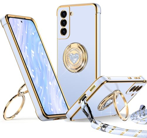 XYZ für Samsung Galaxy S21 Hülle mit Band, Herz Doppelring Ständer HandyHülle Handykette Frauen Mädchen Dünn Stoßfeste Anti-Kratzt SchutzHülle für Samsung S21 Case, Blau