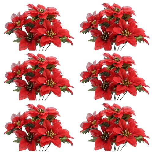 FOERPL 6 arbustos artificiales de Pascua de 14.5 pulgadas, flores artificiales rojas de Navidad para decoración de interiores y exteriores