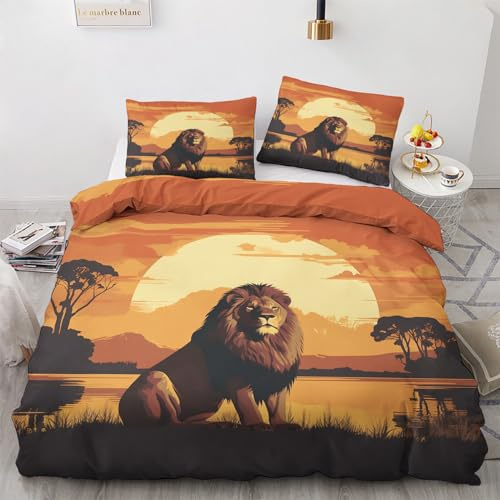 Housse de Couette 160x200 Lion - Parure de Lit 2 Personnes Reversible Motif Lion Afrique avec Fermeture éclair - Ensemble de Literie en Microfibre Douce avec 2 Taies d'oreiller A*-75