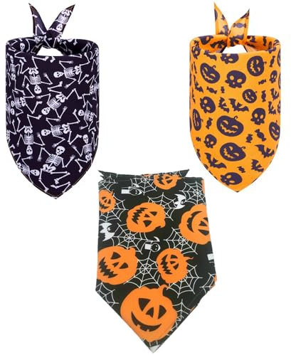 3 St點k Bandana f黵 Hund,Halloween Kopft點her,Hundehalst點her,Dreieckstuch,Halstuch Hund,Triangle Bibs Tuch,f黵 Kleine,Mittelgro遝 und Gro遝 Hunde,K黵bisskelett-K黵bissch鋎el,L 65x43x43cm