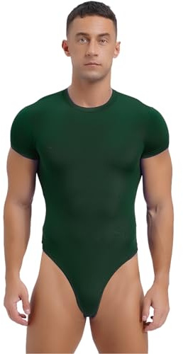 FEESHOW Mens Short Sleeve Mankini Bodysuit High Cut Thongs Leotard Tops Workout Rompers Undershirts