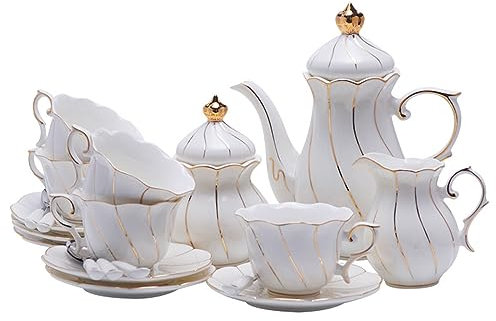 QUSYZD Service à thé en Porcelaine Fine, Service à thé créatif en céramique de Style européen, Ensemble de 21 Tasses et soucoupes, cuillères à café, avec théière, sucrier, Piche,