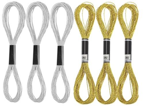 ZHjuju Sticktwist Kreuzstichfäden,6 Stück Knäuel Metall-Stickgarn Polyestergarn in Gold und Silber 8m Stickgarn Gold Metallic Metallische Stickgarne Kreuzstich Fadenset Goldfarbe für Bastelarbeiten