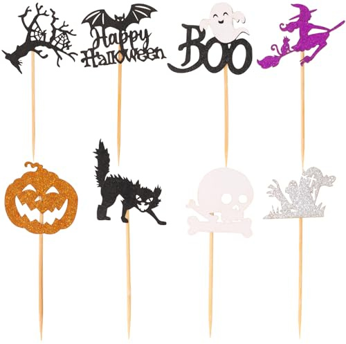JOFONY Halloween Cupcake Topper, 24 Stück Glitzer Tortendeko, Zahnstocher Flaggen für Kuchendeko Halloween Geburtstag Party