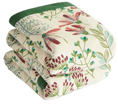 Bailix Premium Bohemian throw, 100% Cotton Cuddly Blanket with Fringes, Double-Sided Muslin, Boho Blanket, 230 x 250 cm, Cuddly Sofa Blanket and Bed Throw, Patchwork, Blanket for Room Green/Beige