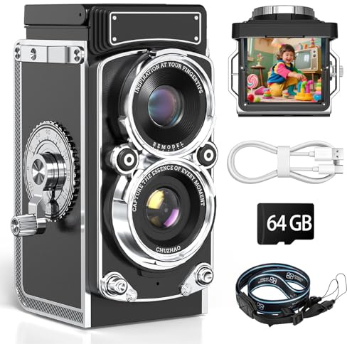Vintage Digital Camera, 12MP 1080p TLR Style Mini Vintage Camera med Auto Focus & Retro Filters for Vlogging Photography (64GB)