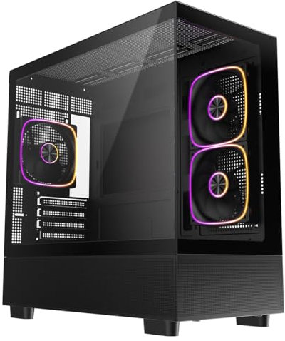 CiT Solar Mid-Tower Gaming PC Case – Dual Tempered Glass Micro ATX PC Case with 3 x 120mm Infinity ARGB Fans and 6-Port PWM Fan Hub included, 360mm AIO Support, USB 3.0, USB 2.0, HD Audio/Mic | Black